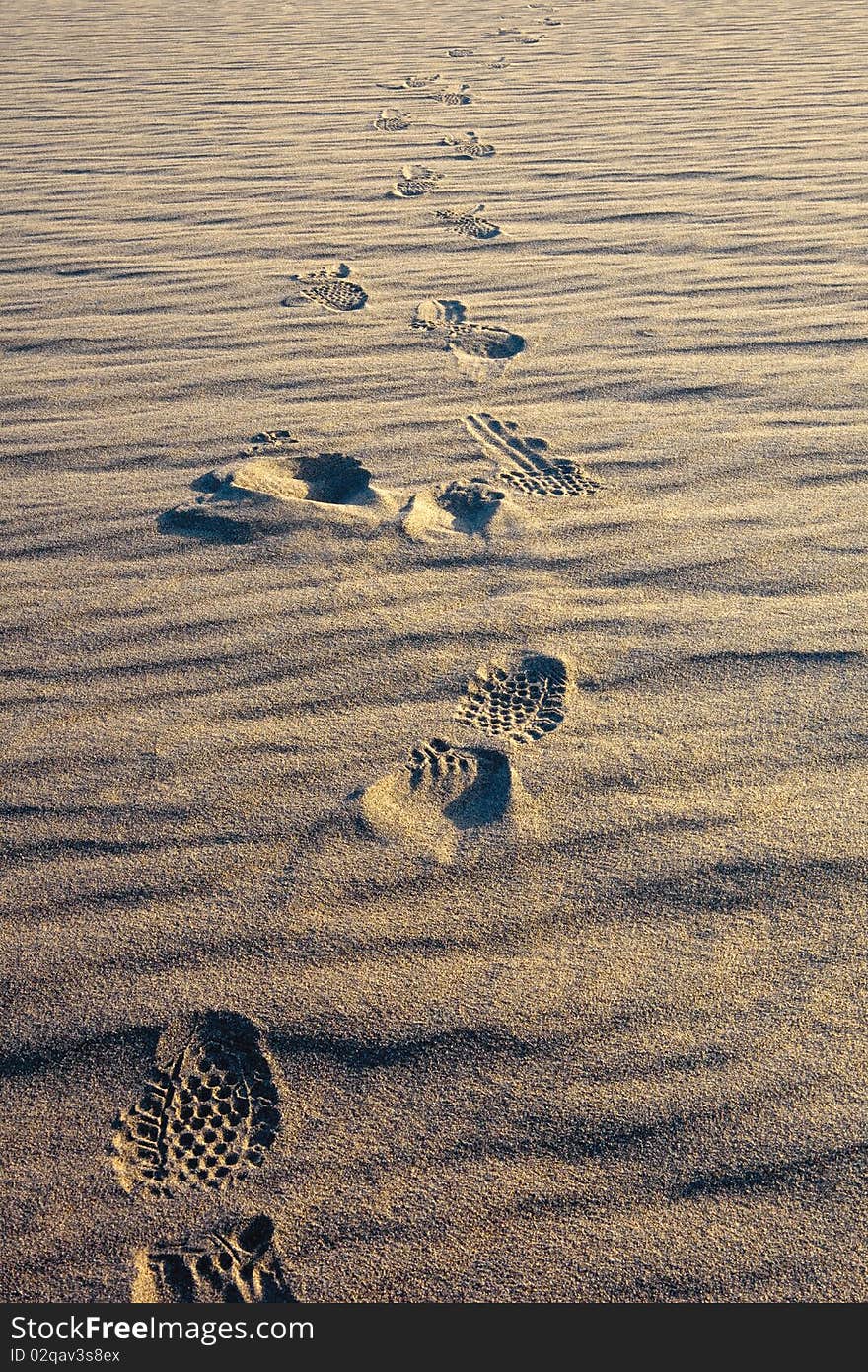 A person's footprints through the desert. A person's footprints through the desert.