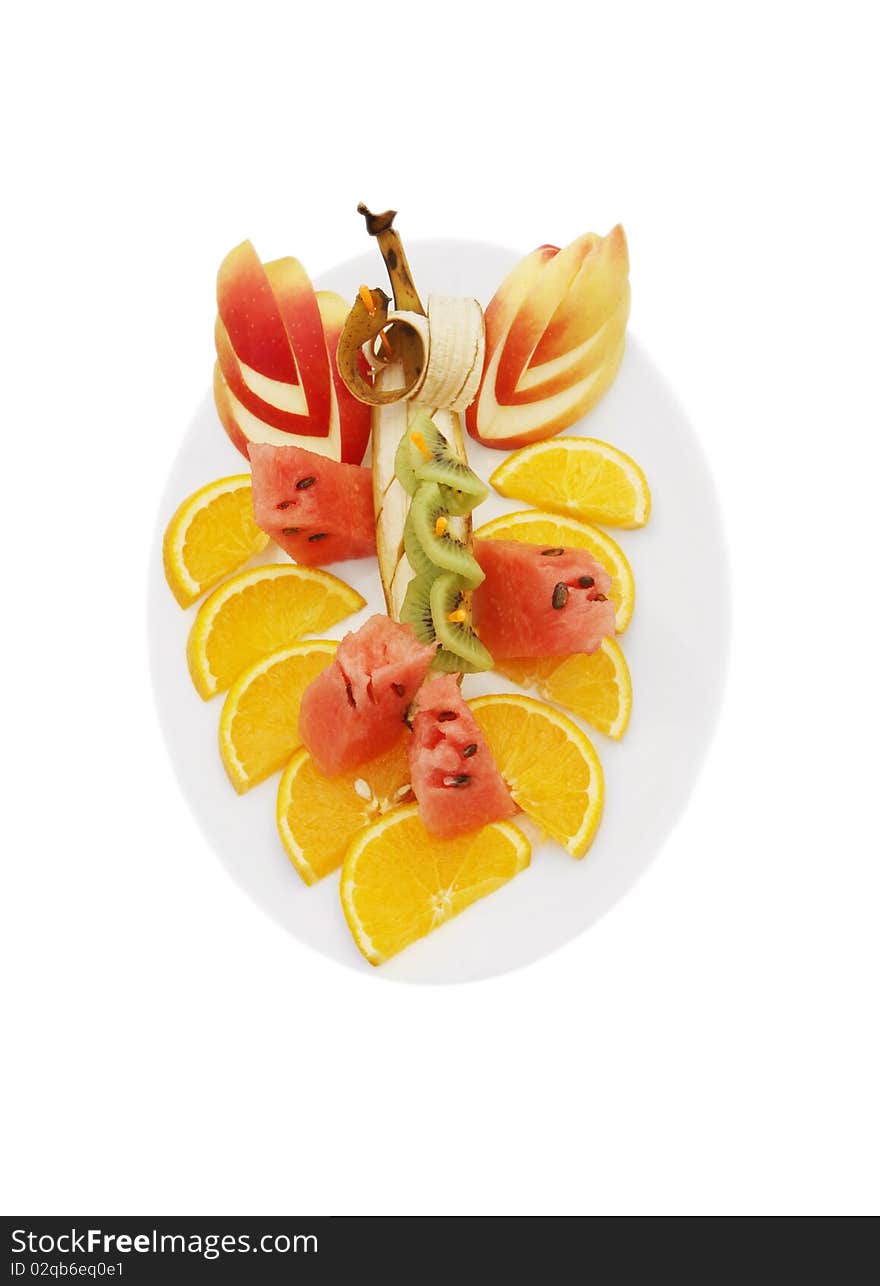 Assorted fruits on a plate isolated on a white background