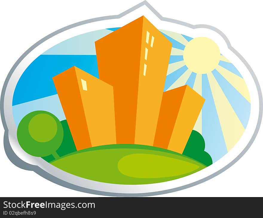 Vector image of a composition from orange buildings in the form of a sticker. Vector image of a composition from orange buildings in the form of a sticker