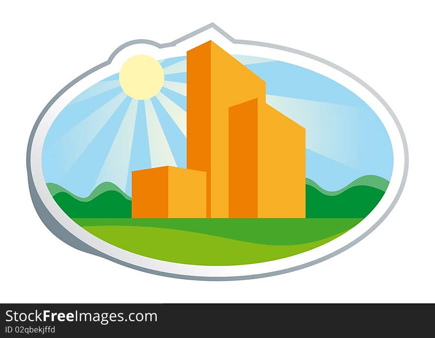 Vector image of a composition from orange buildings in the form of a sticker. Vector image of a composition from orange buildings in the form of a sticker