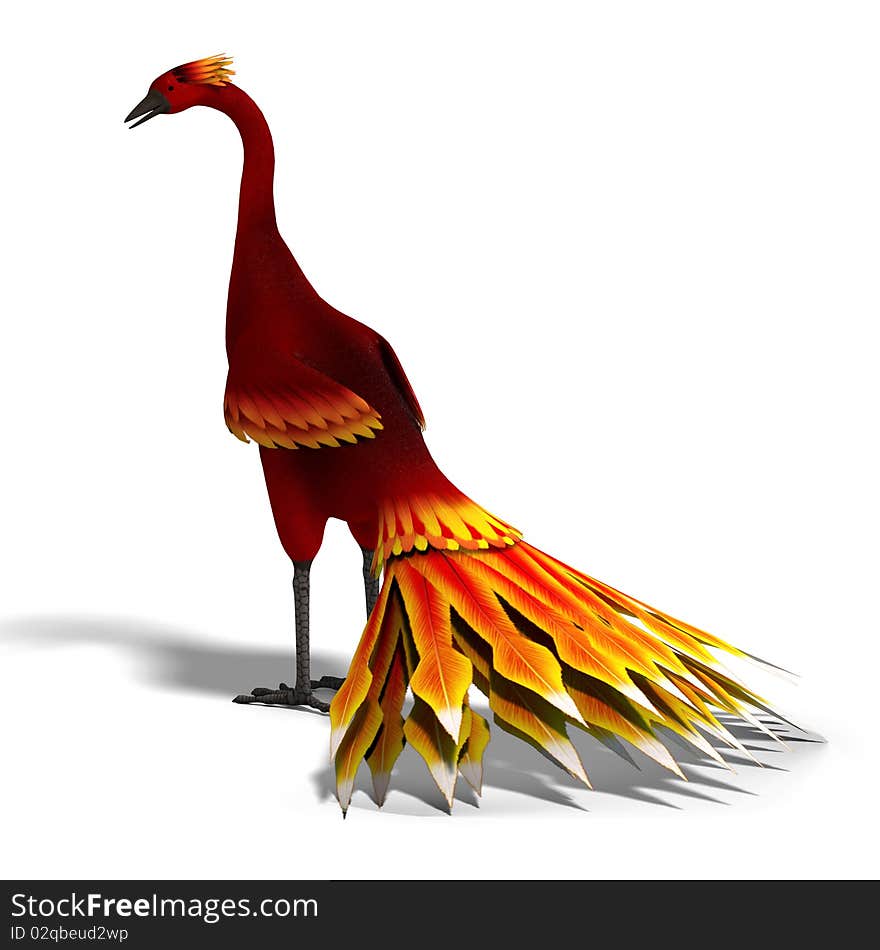 Red fantasy bird with beautiful feathers. 3D rendering with clipping path and shadow over white