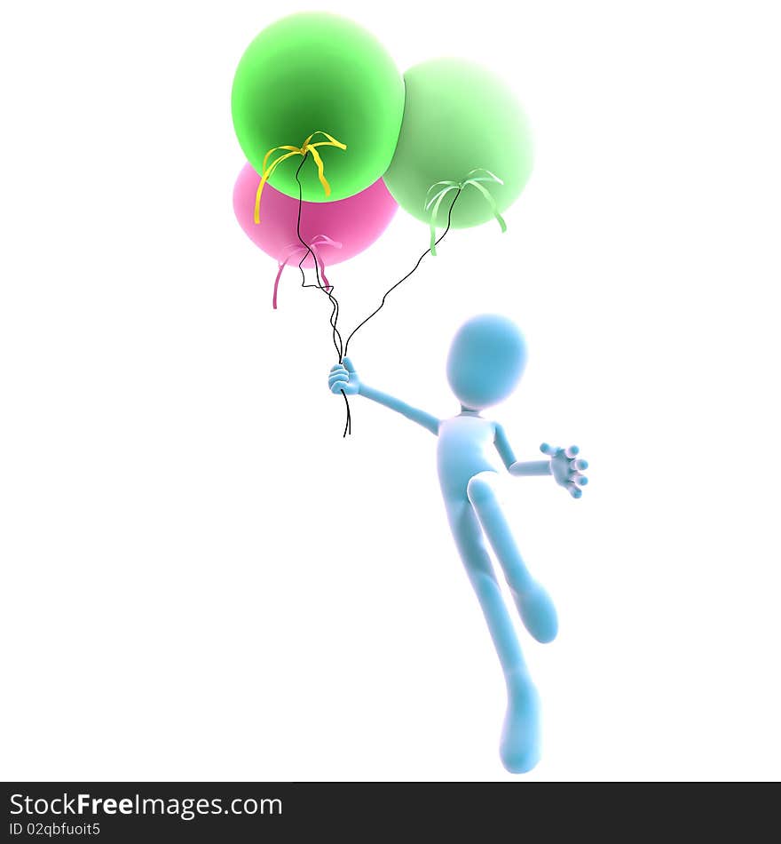 3d male icon toon character with three colorful balloons. 3D rendering with clipping path and shadow over white