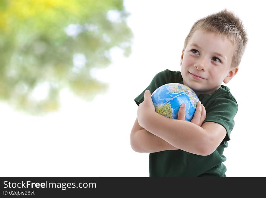 Little boy embracing the globe to protect it. Little boy embracing the globe to protect it