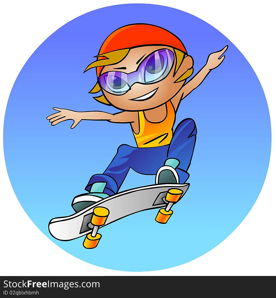 Cartoon illustration.  Active teenage girl on a skateboard on blue background.