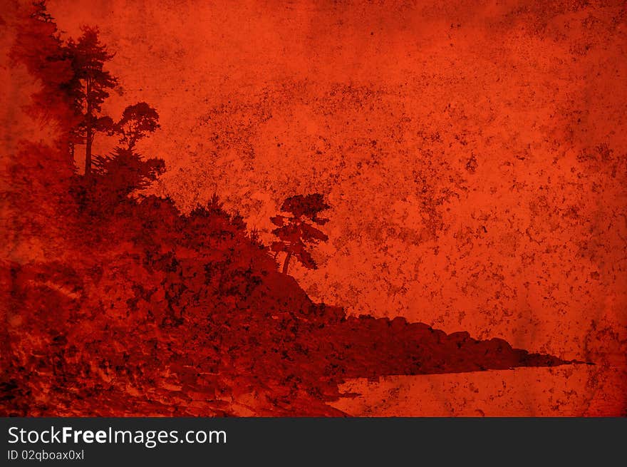 Texture with red stained landscape of coastal tree