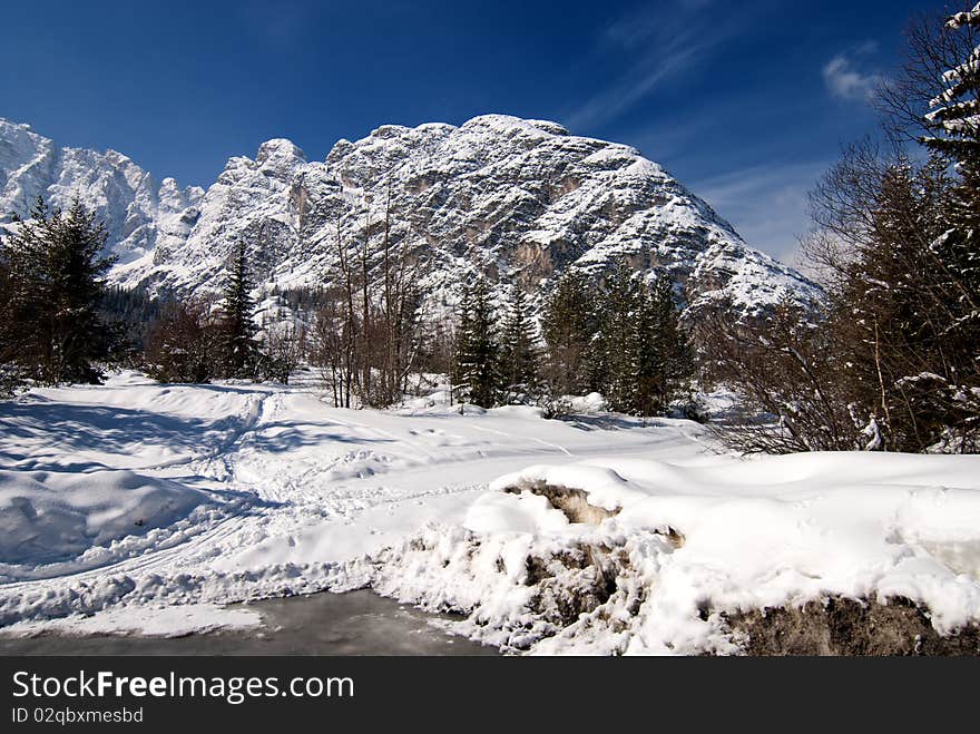 Snow On The Dolomites Mountains, Italy