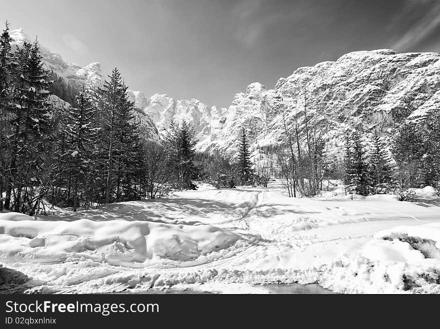 Snow on the Dolomites Mountains, Italy