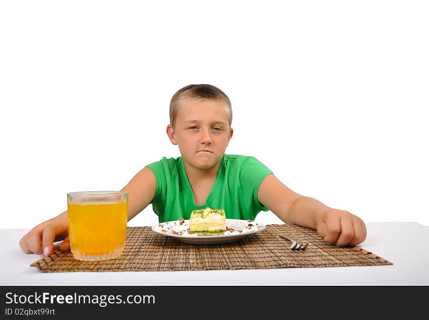 Boy want to eat a dessert with fork, isolated on white. Boy want to eat a dessert with fork, isolated on white