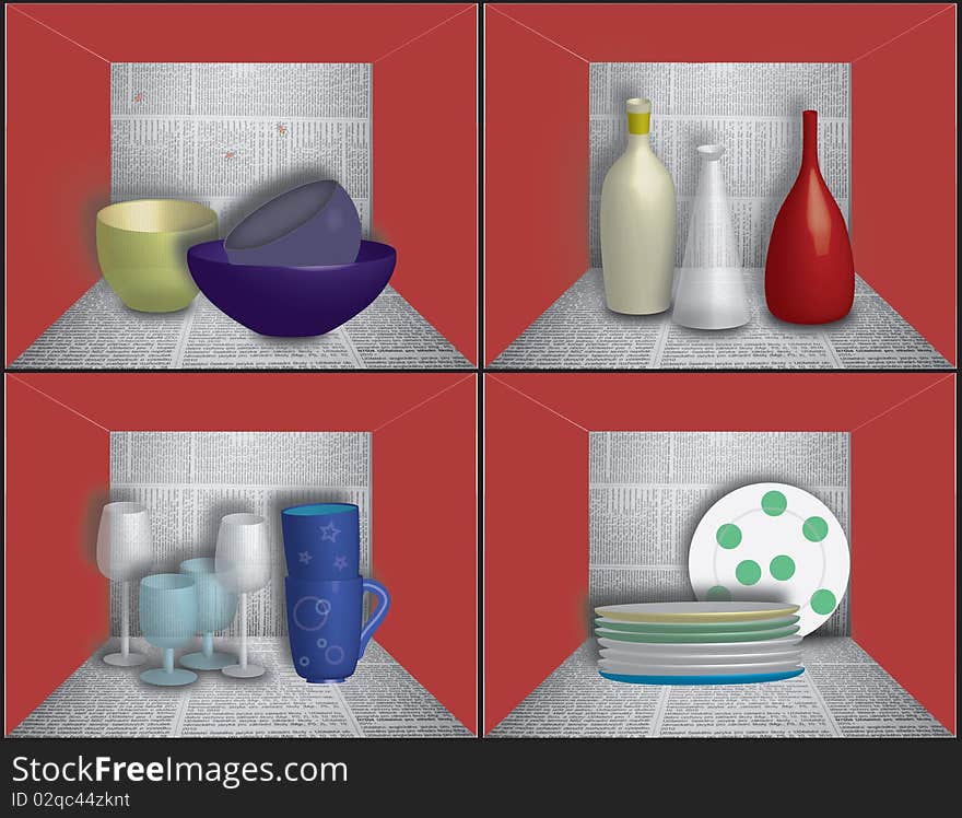 Glass dishes standing on four kitchen shelves with newspaper background. Glass dishes standing on four kitchen shelves with newspaper background