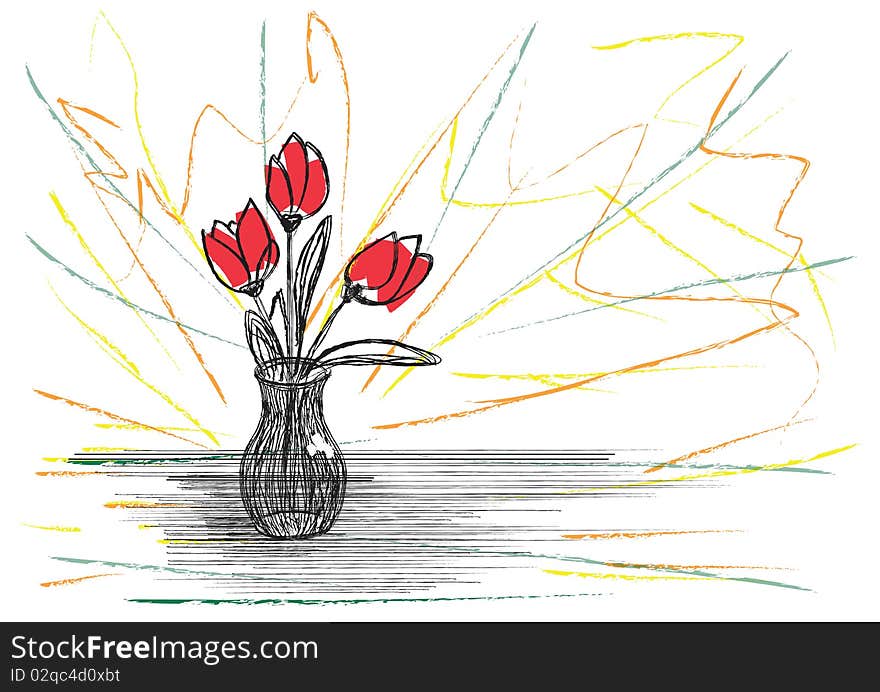 Drawn red flowers in vase on abstract background. Drawn red flowers in vase on abstract background