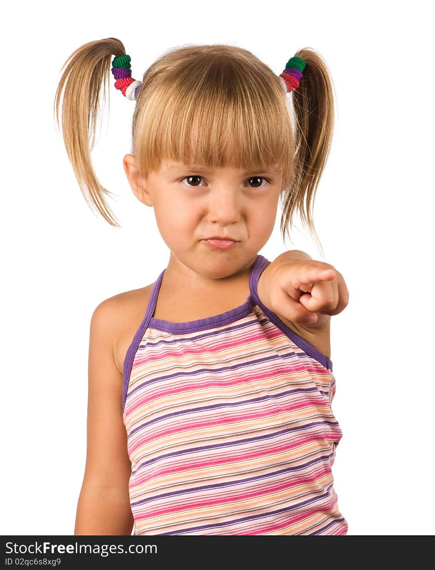 Portrait of emotionally kid. Funny little girl isolated on white background. Beautiful caucasian model.