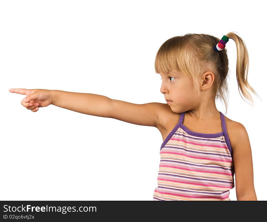 Funny little girl. Good for borders of articles or websites. Beautiful caucasian model. Isolated on white background.