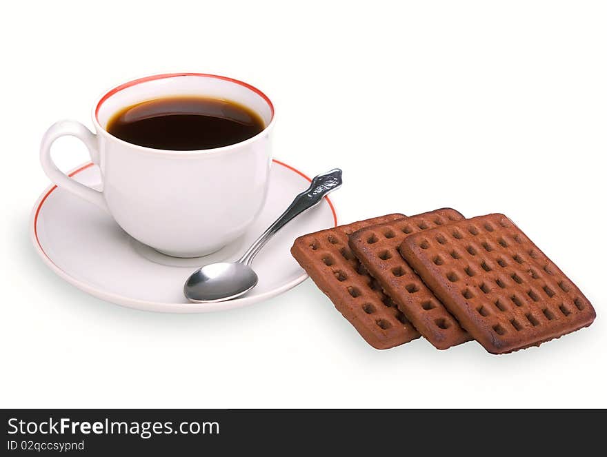 Cookies and coffee cup on a white background. Cookies and coffee cup on a white background