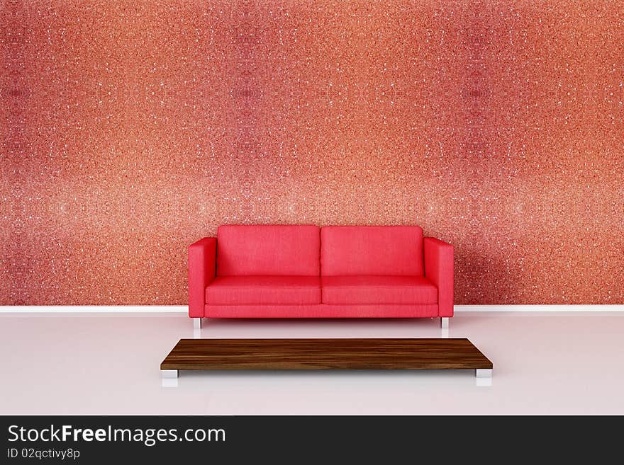 Red sofa on red stone wall with a empty table