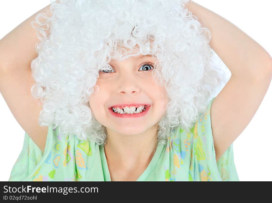 Portrait of a smiley 6 years old girl in white wig. Isolated over white background. Portrait of a smiley 6 years old girl in white wig. Isolated over white background.