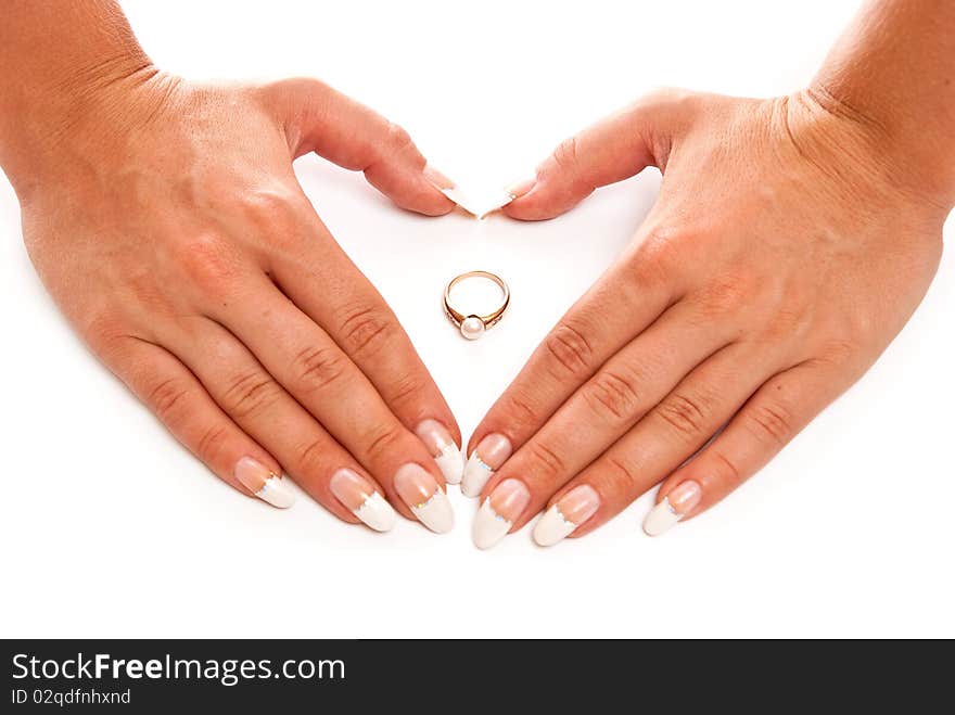 Female hands and ring. White background