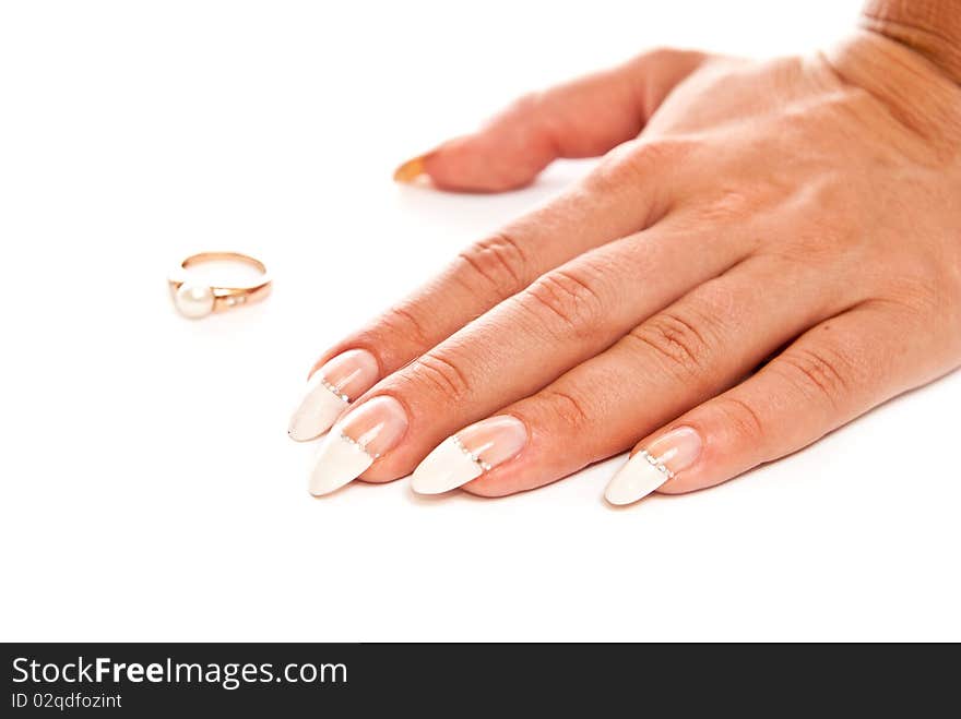 Female hand and ring. Focus on hand