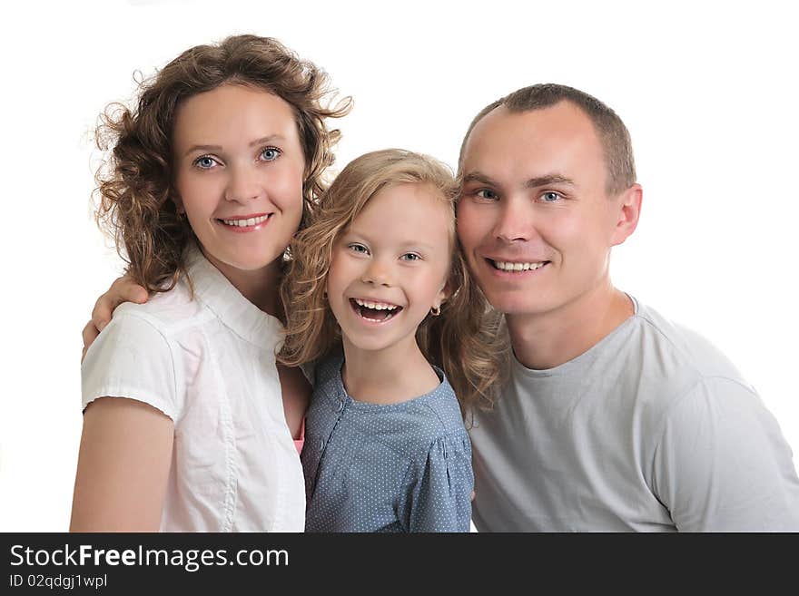 Happy mother father and daughter laughing studio shot on white background. Happy mother father and daughter laughing studio shot on white background