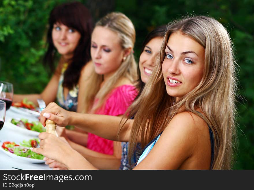 Group of beautiful girls drinking wine