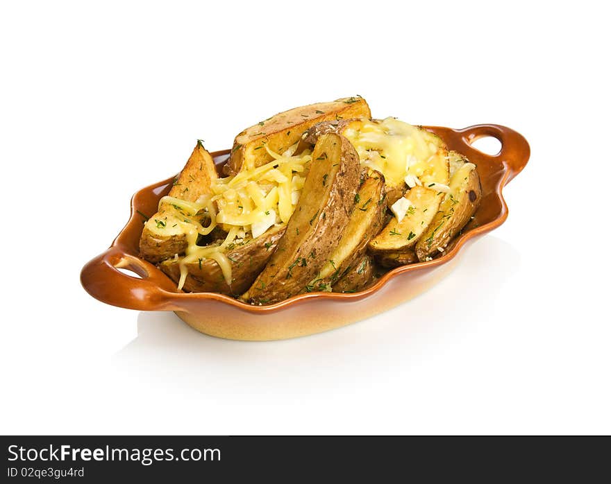 Italian potato wedges with cheese and garlic. Isolated on white by clipping path.