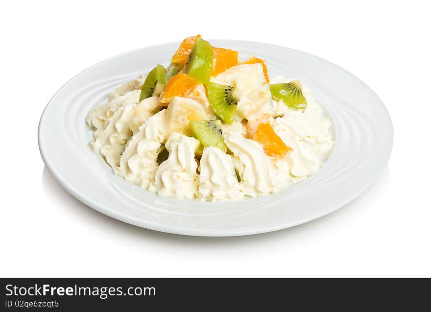 Whipped cream dessert with kiwi, orange and banana.
Isolated on white by clipping path. Whipped cream dessert with kiwi, orange and banana.
Isolated on white by clipping path.