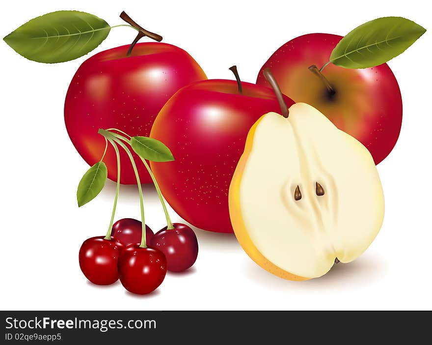 Photo-realistic illustration. Apples, a pear and cherries. Photo-realistic illustration. Apples, a pear and cherries.