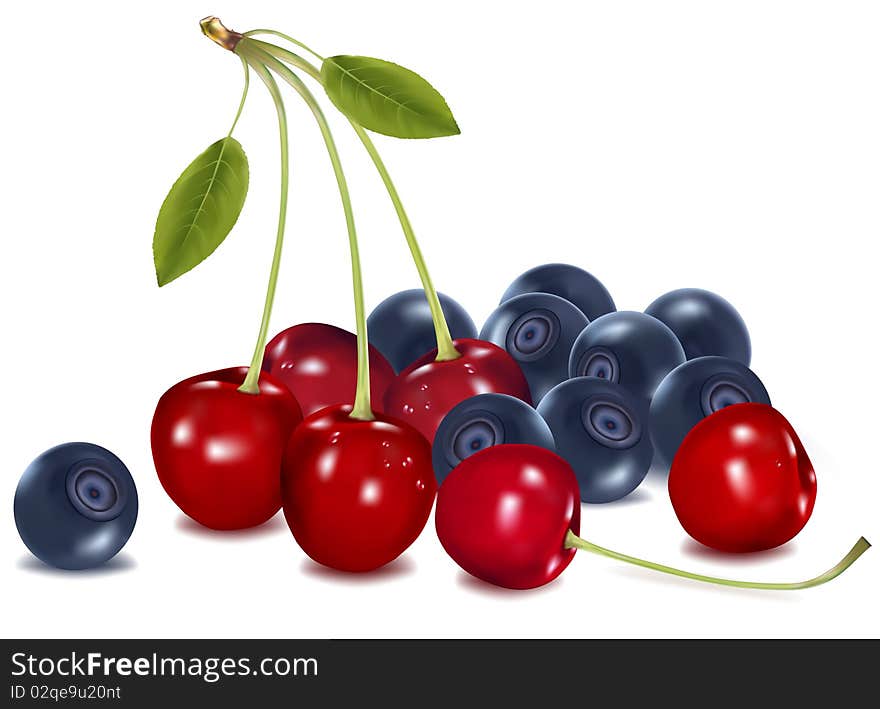 Group of cherries and blueberries with leaves.