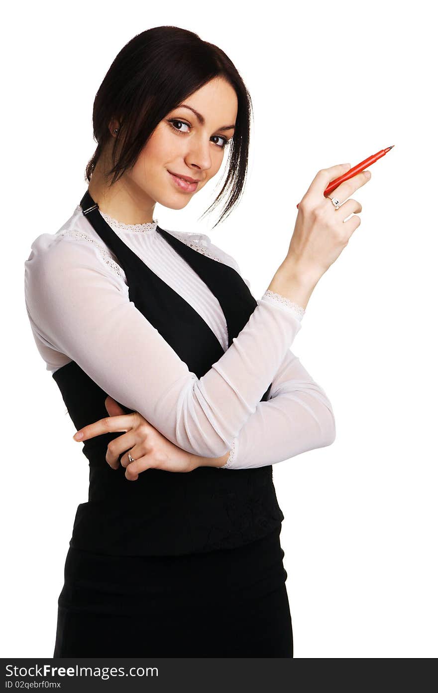 Cute businesswoman with a marker, white background