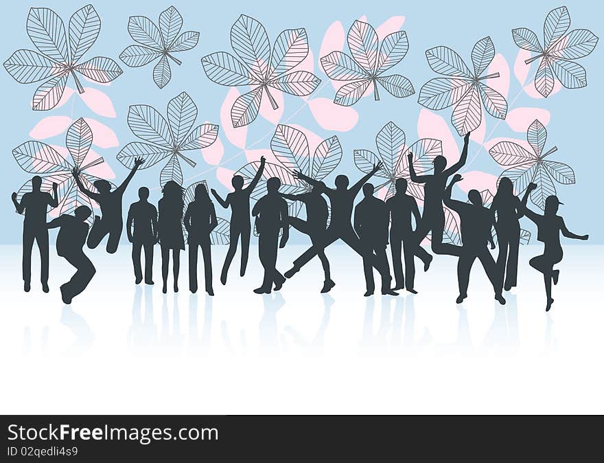 Illustration of people jumping and leaves