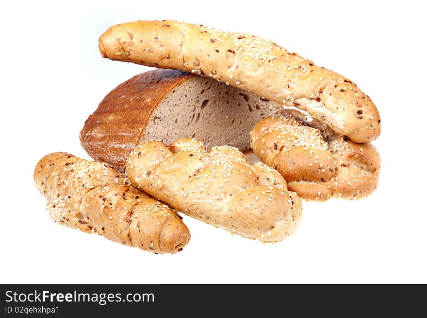 Assorted composition of breads isolated on white background. Assorted composition of breads isolated on white background