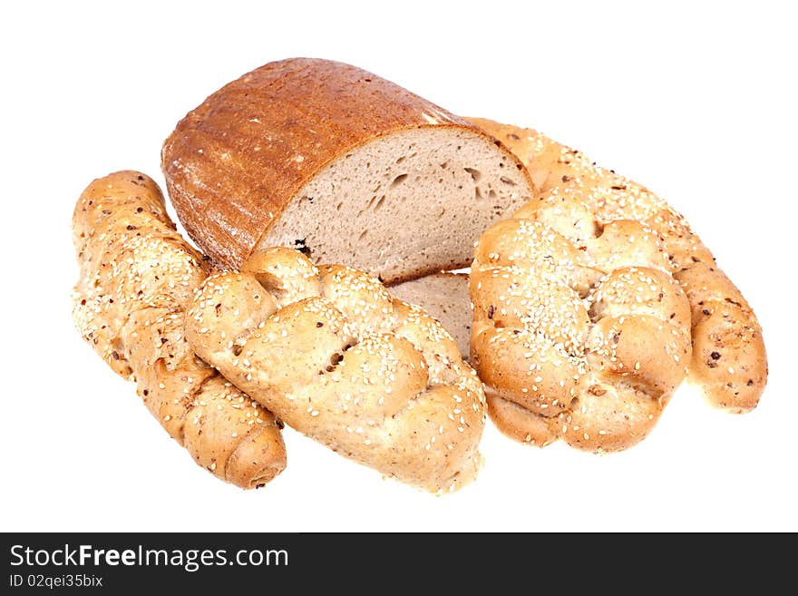 Assorted composition of breads isolated on white background. Assorted composition of breads isolated on white background