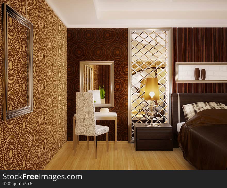 Modern luxury bedroom with brown wall and double-bed