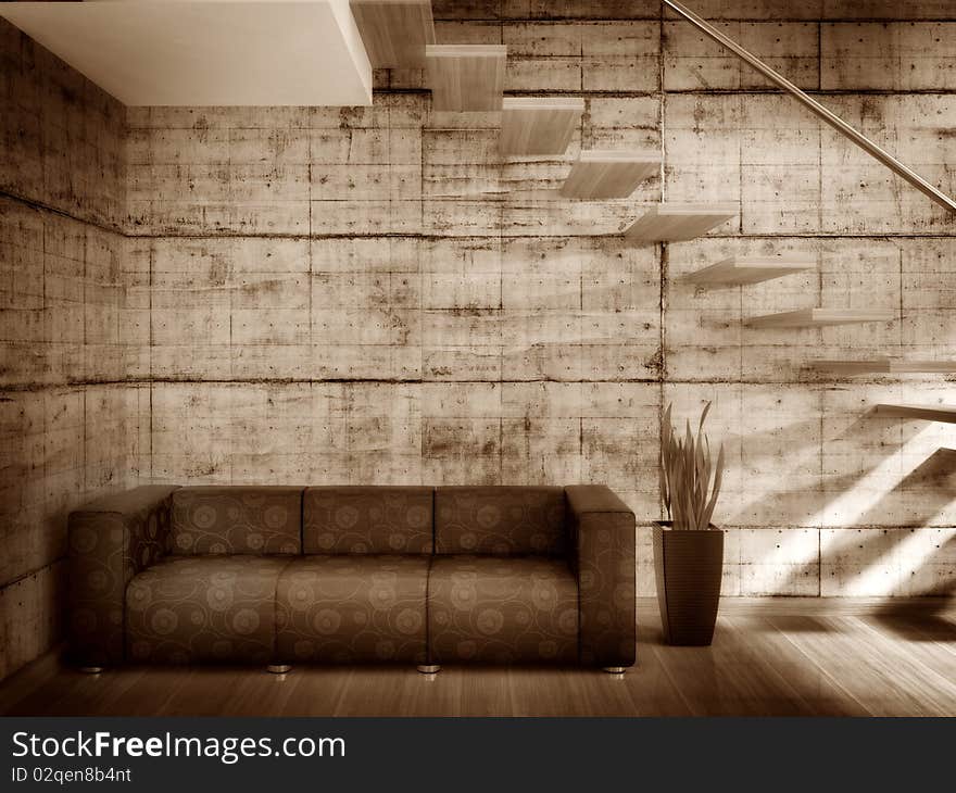 Modern room with dark sofa and concrete wall