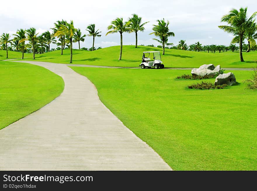 White golf cart in golf course