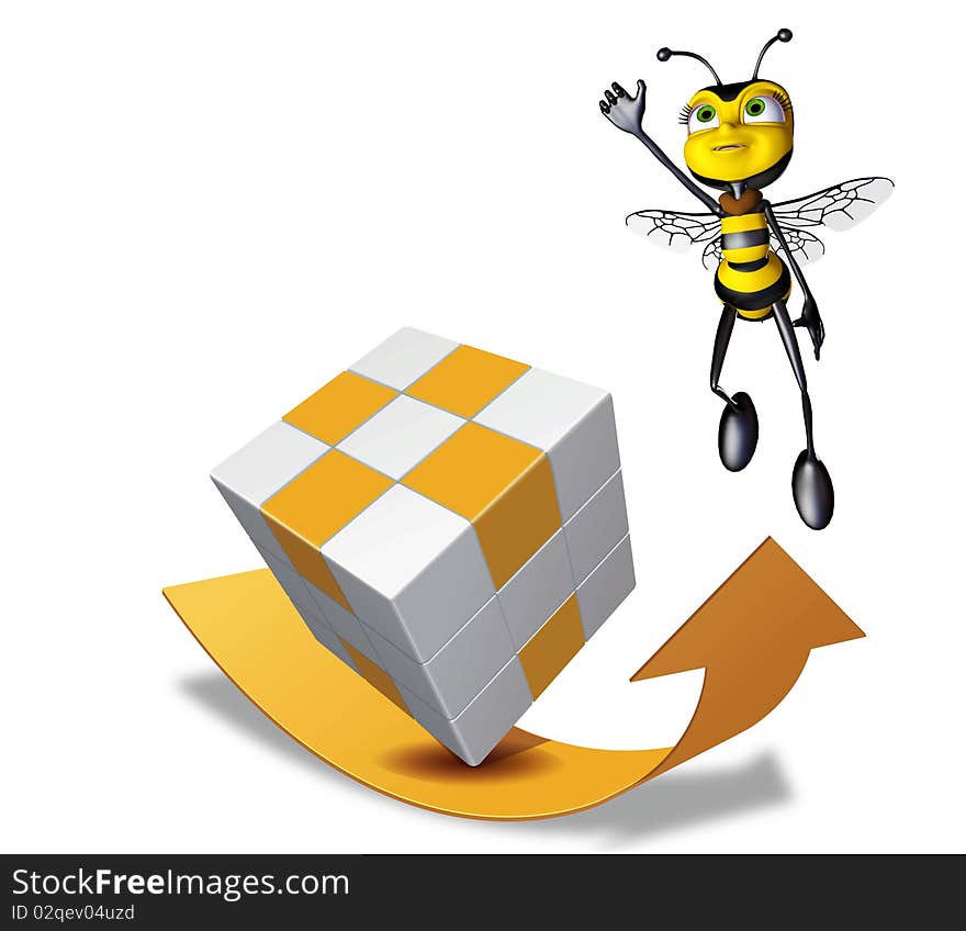 The honey bee super flying up from the cube