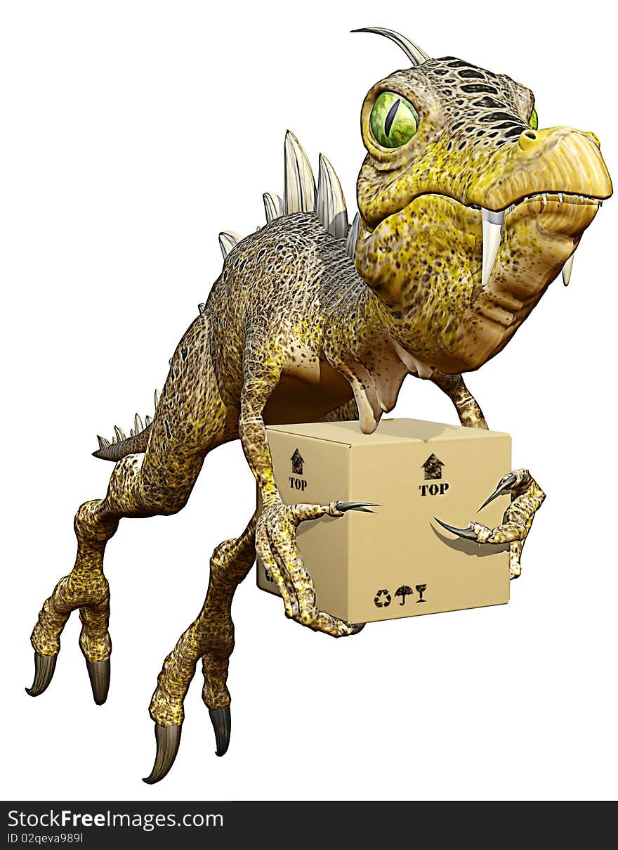 The dinosaur jumper is jumping with a  box. The dinosaur jumper is jumping with a  box