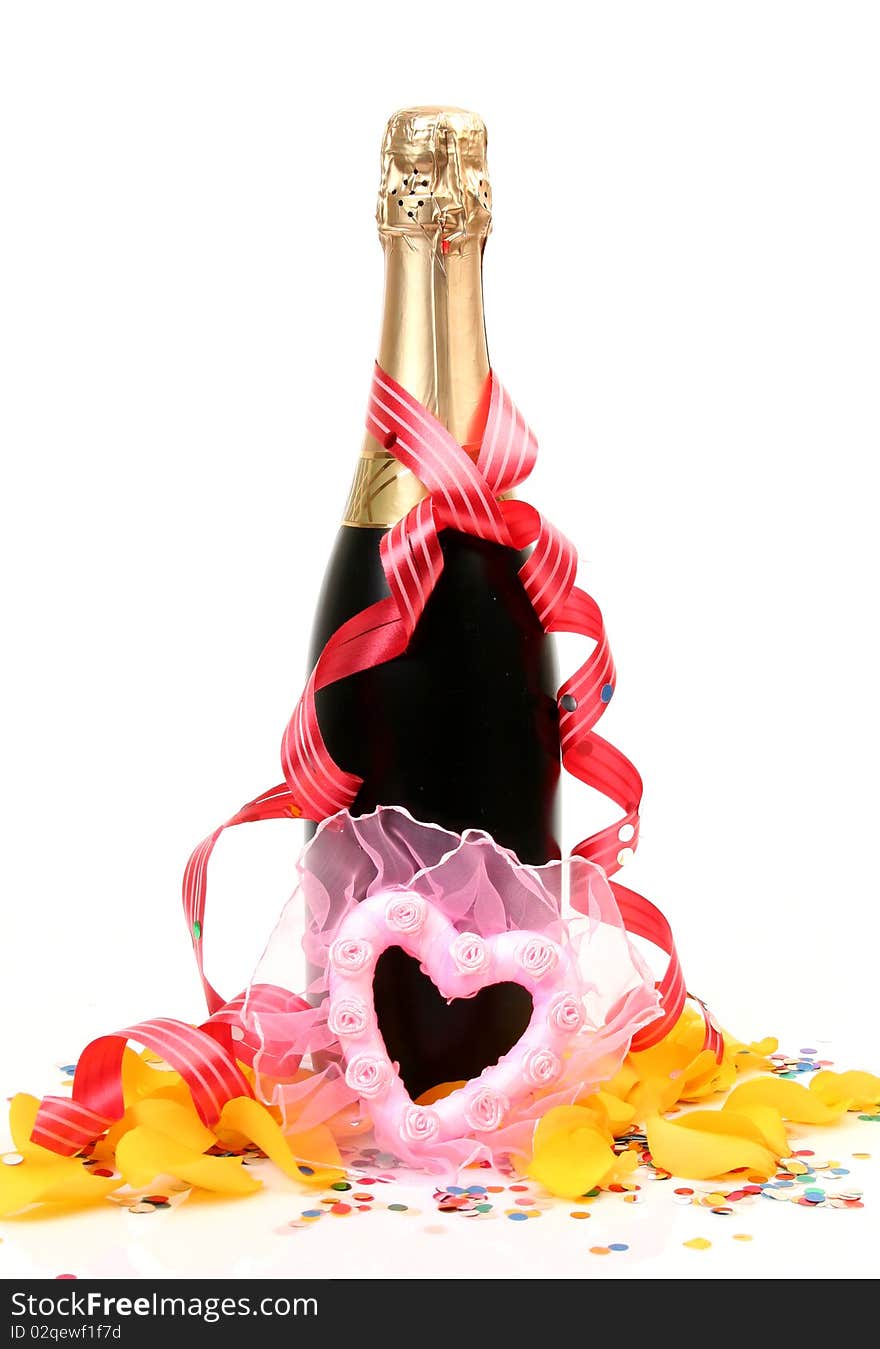 Champagne and heart on a white background