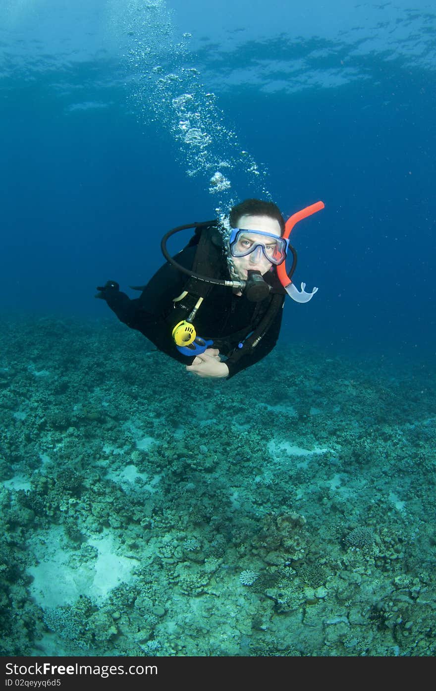 Portrait of a scuba diver who swims over coral reef