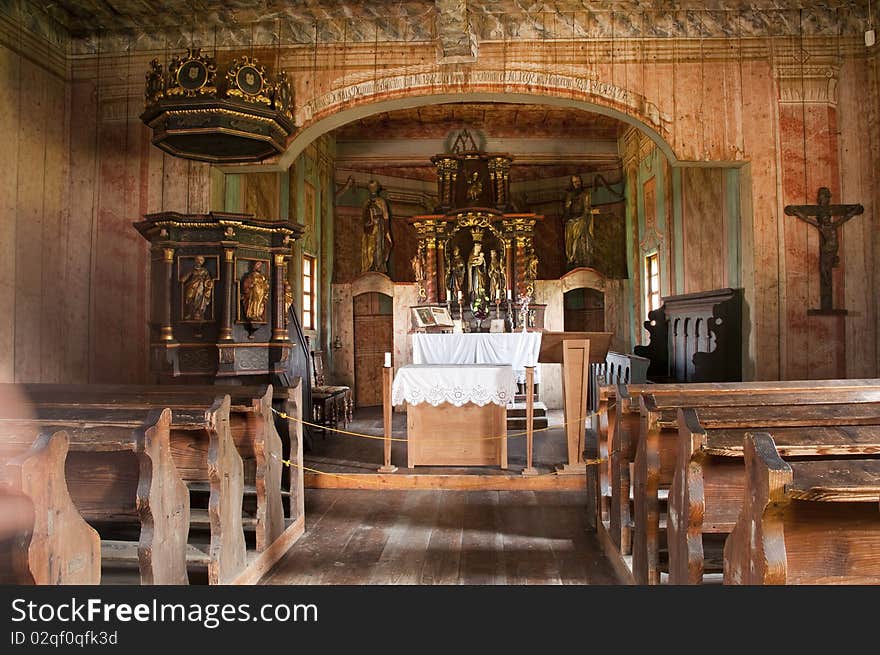 Interior of traditional wooden church, Slovakia