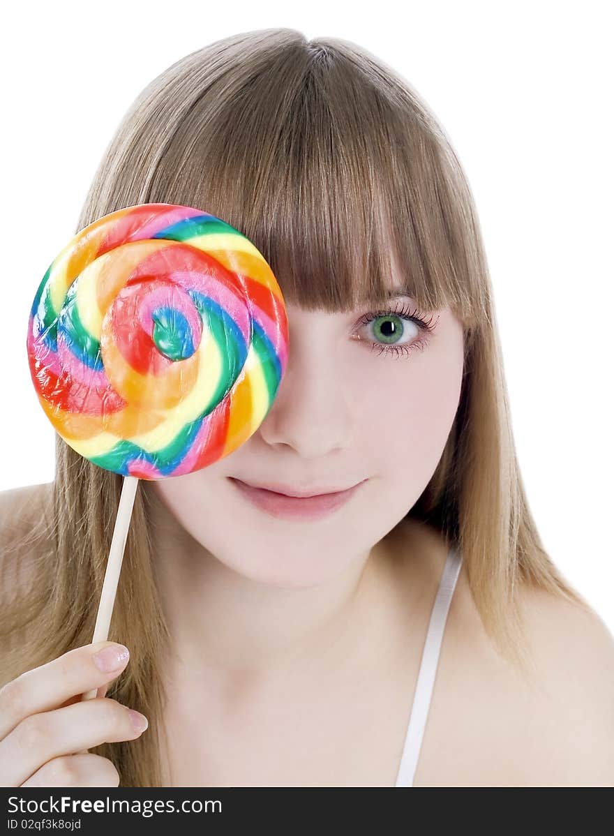 Picture Of Happy Blonde With Color Lollipop