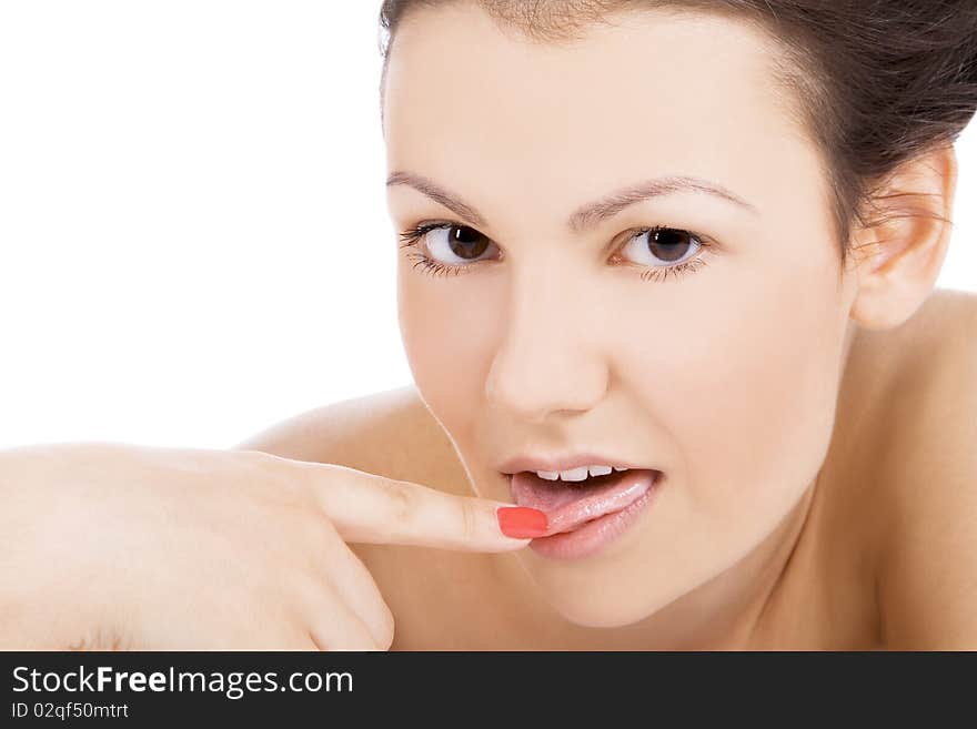 Brightly picture of female face with finger in mouth. Brightly picture of female face with finger in mouth