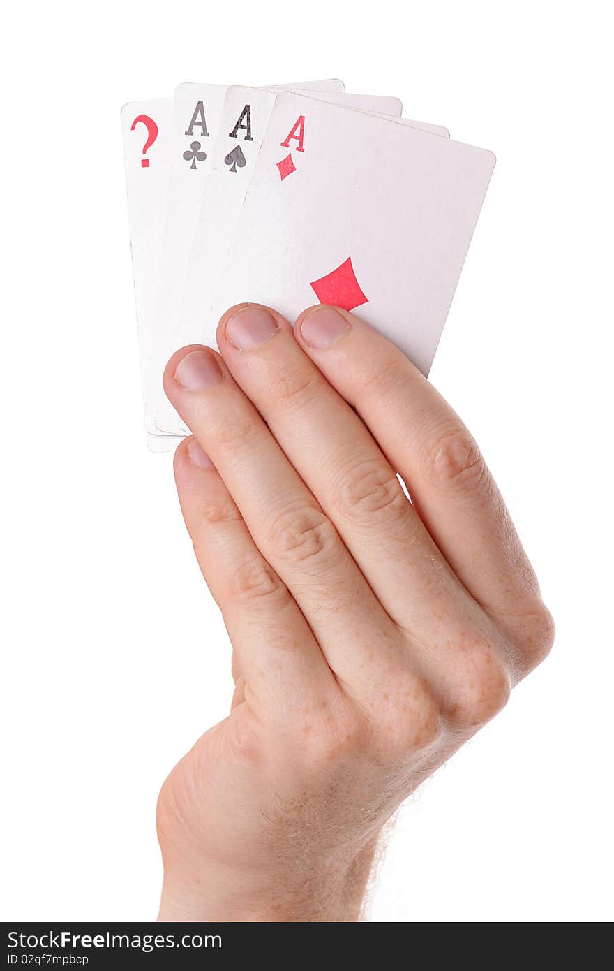 Winning poker hand of aces playing cards suits on white. Opportunity