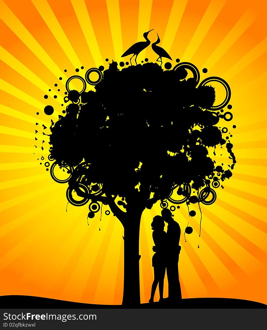 Abstract colorful tree with lovers. Nature decoration.