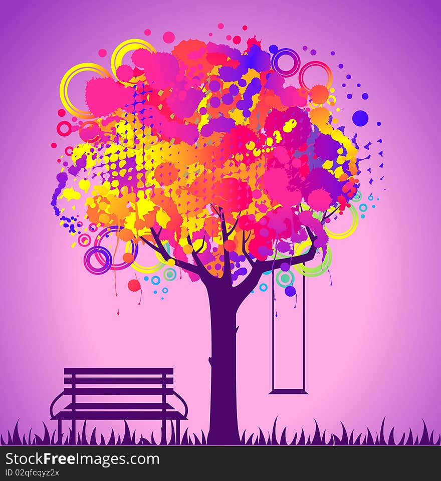 Abstract colorful tree with bench and swing. Nature decoration.