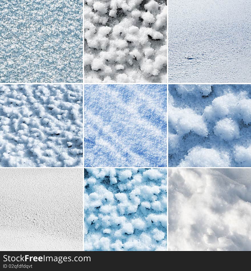 Collage of nine snow textures