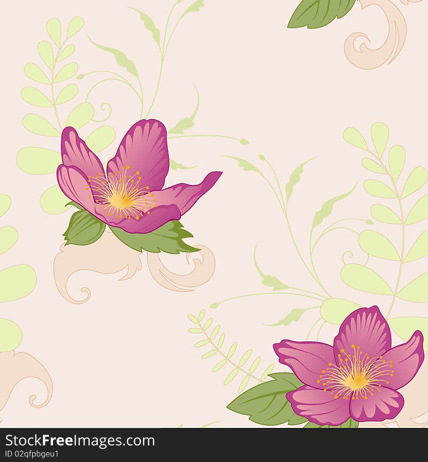 Vector floral seamless pattern with violet flowers and ornament