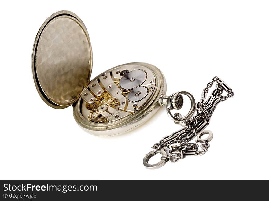 Old pocket watch with a chain isolated on white background