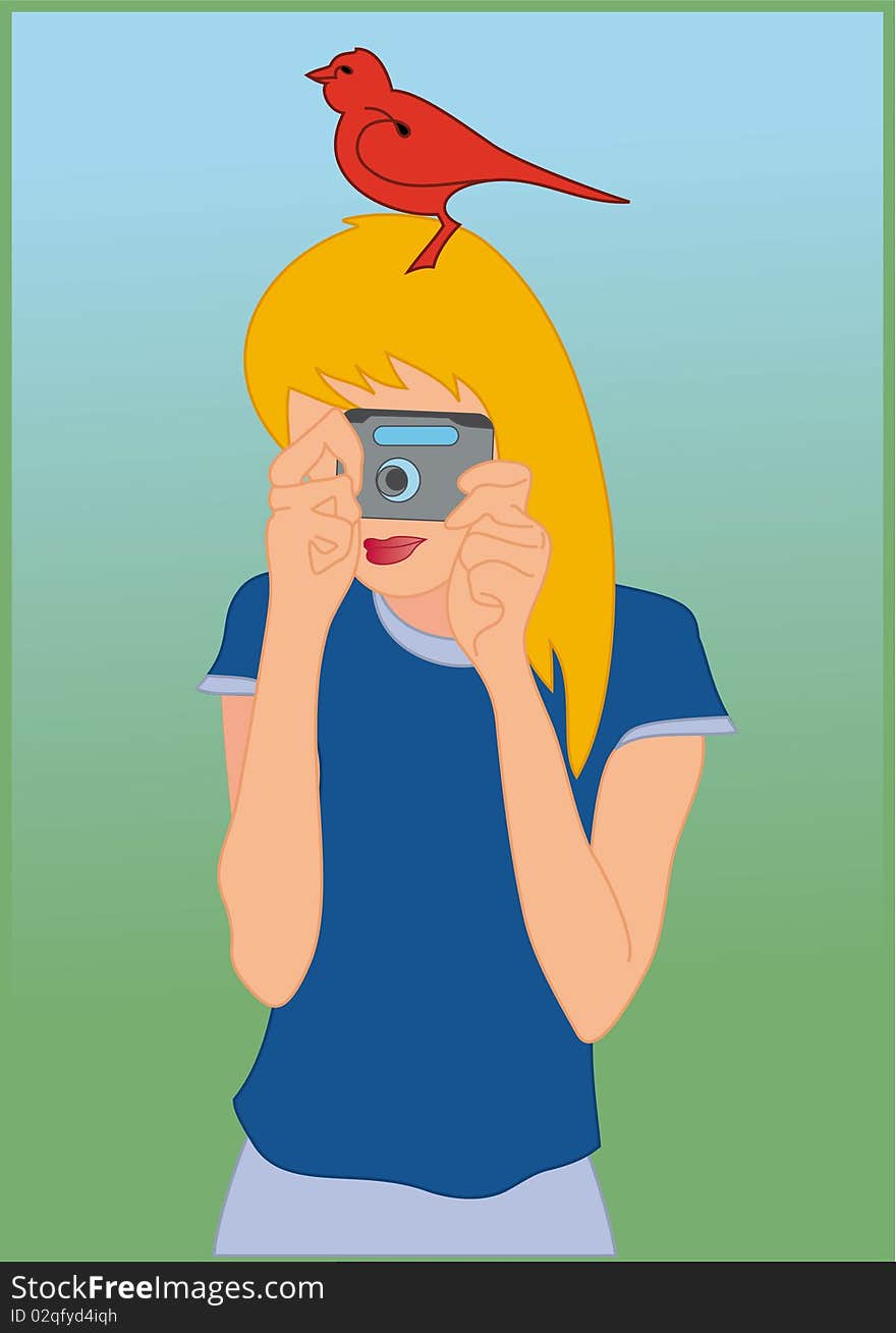 Girl with camera in her hands and red bird on her head. Girl with camera in her hands and red bird on her head