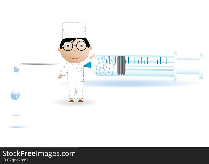 Vector the doctor near a syringe with a medicine on a white background