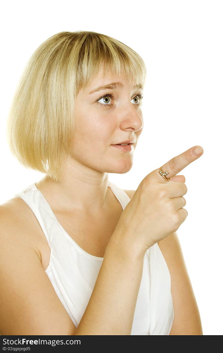 Young businesswoman on a white background. Specify finger